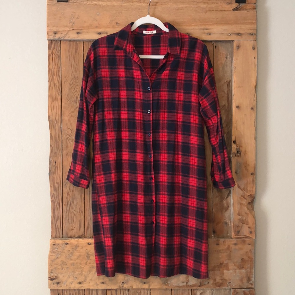 Long Red & Navy Button Up Flannel